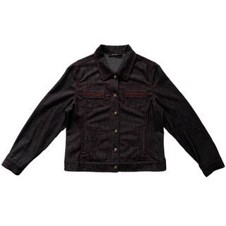 Black trucker jacket with red stitching