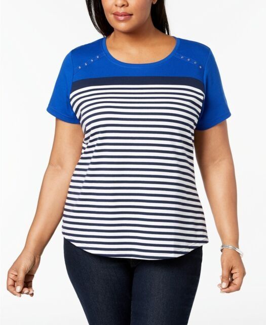 Brand New KAREN SCOTT SPORT Blue White Striped Shirt Top - Plus