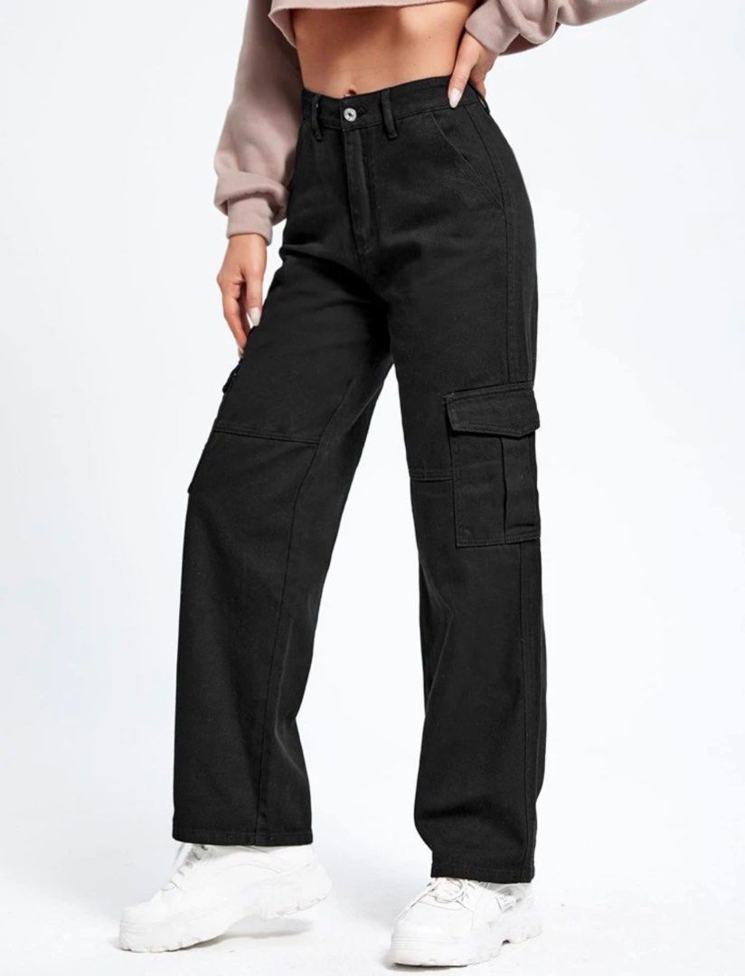 SHEIN ICON Y2k Women's Wide Leg Black Cargo Pants With 2 In 1 Style, Buckle  & Dangling Design
