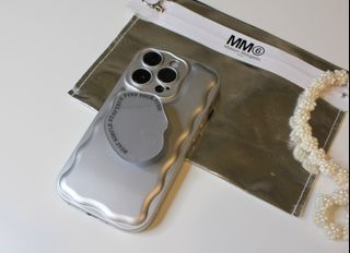 iPhone 14pro冷淡風高級感波浪手機殼 （含圖片化妝袋）