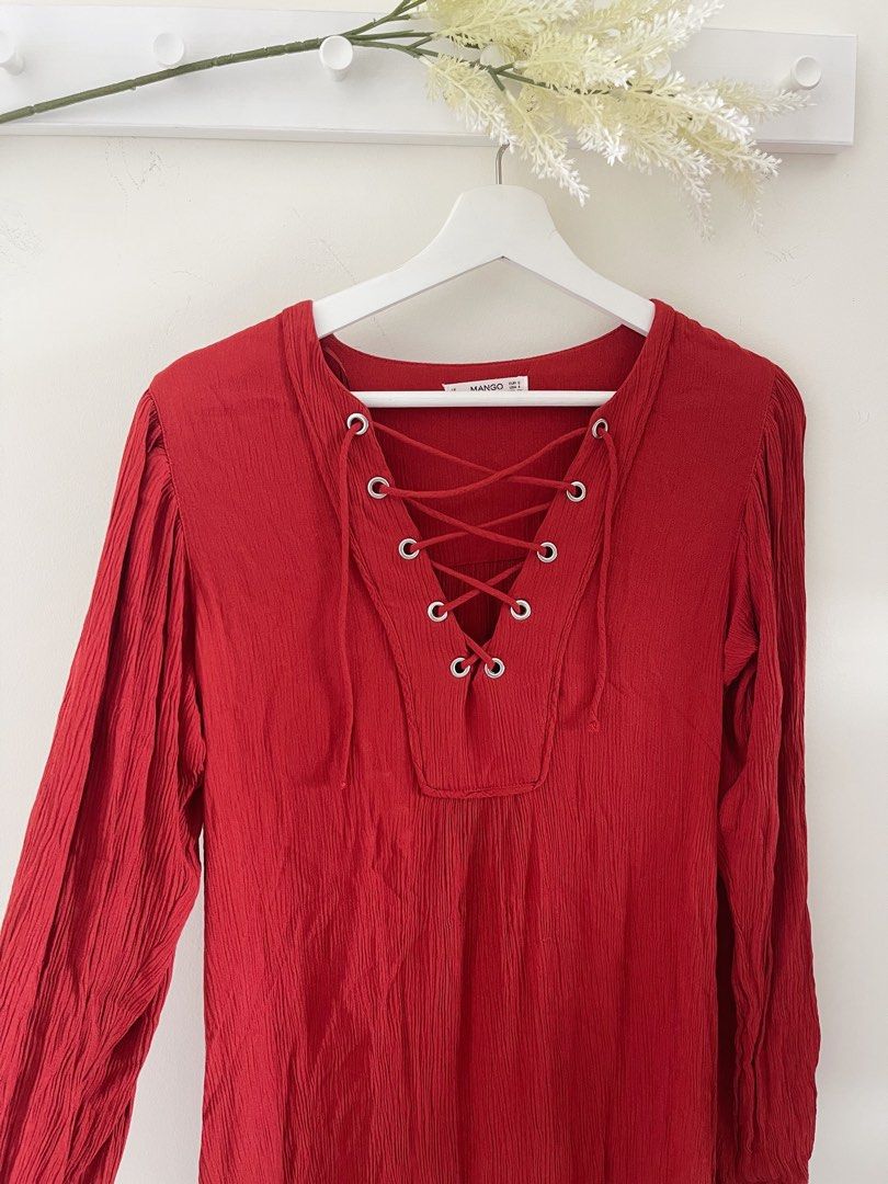 Like New MANGO Lace Up Dress Relaxed Fit Red Orange Retail 79.90 Women s Fashion Dresses Sets Dresses on Carousell