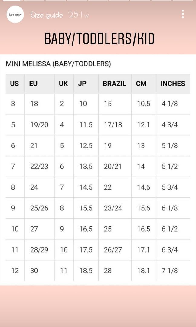 Mini melissa cheap size chart age