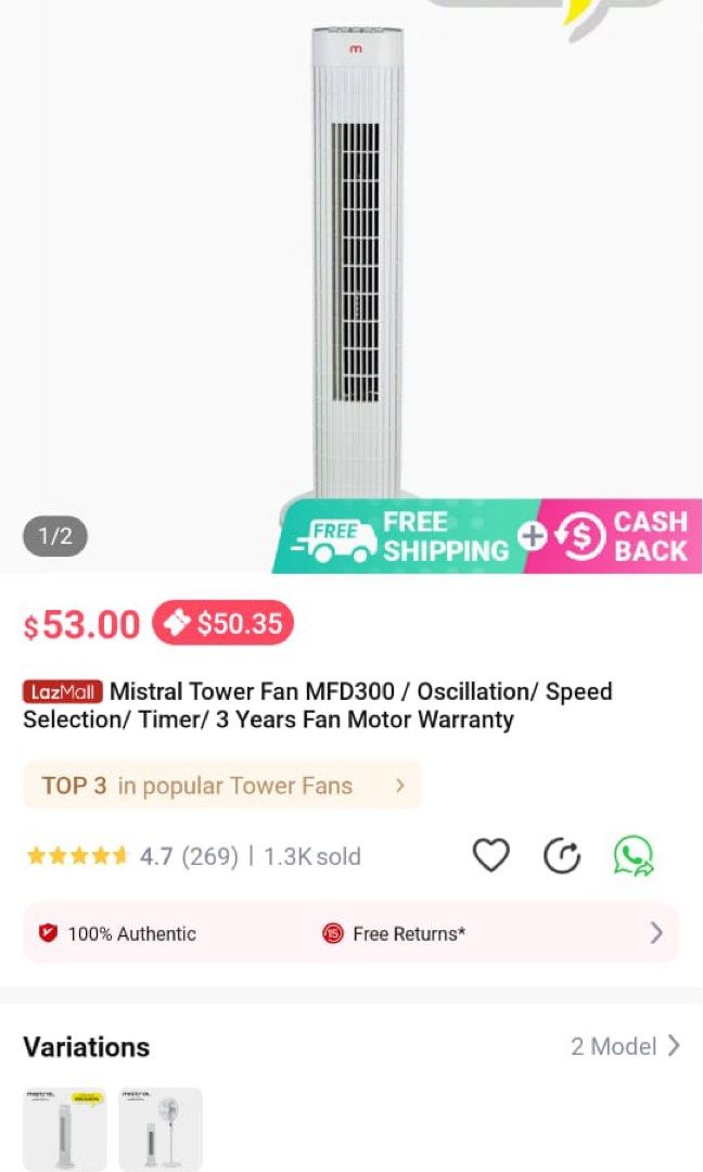 Mistral Tower Fan MFD300 3 months old, Furniture & Home Living