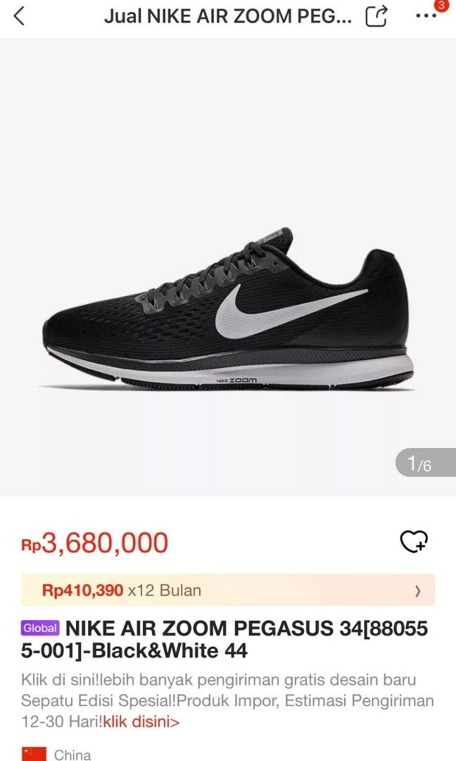 Nike air zoom pegasus 34 original Fesyen Pria Sepatu Sneakers