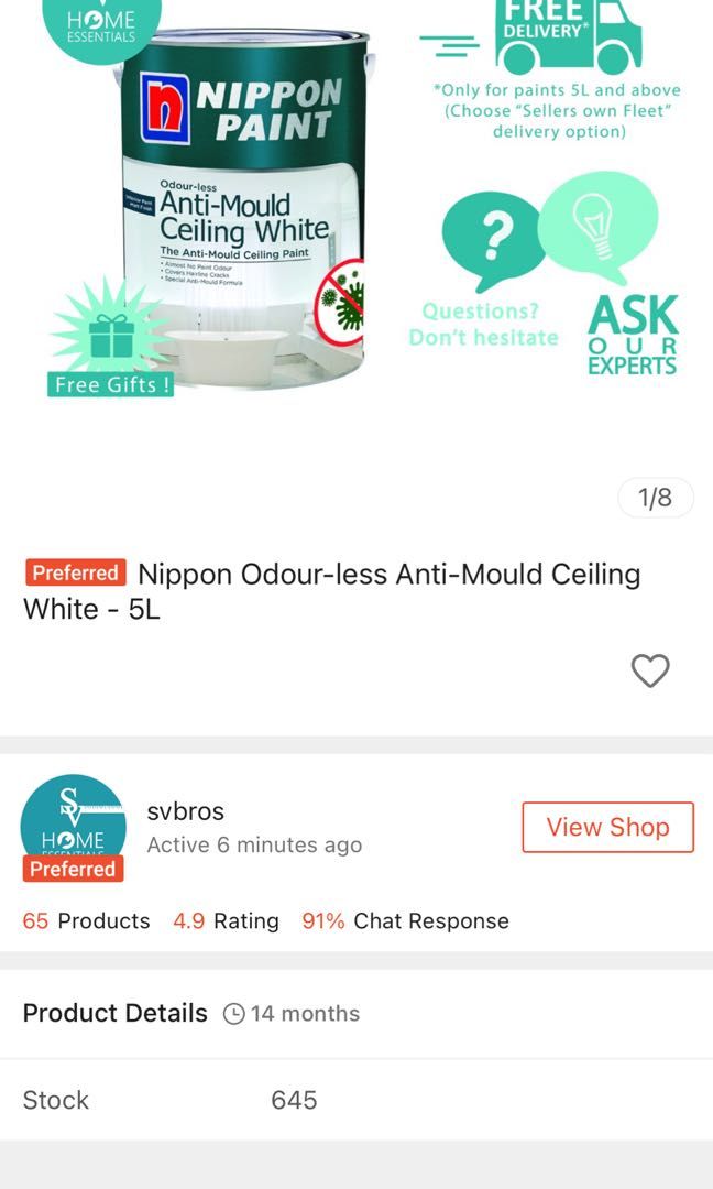 Nippon Anti Mould Ceiling white paint 5L, Furniture & Home Living, Home