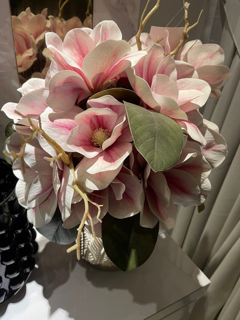 Pink white artificial flower with gold vase, Furniture & Home Living