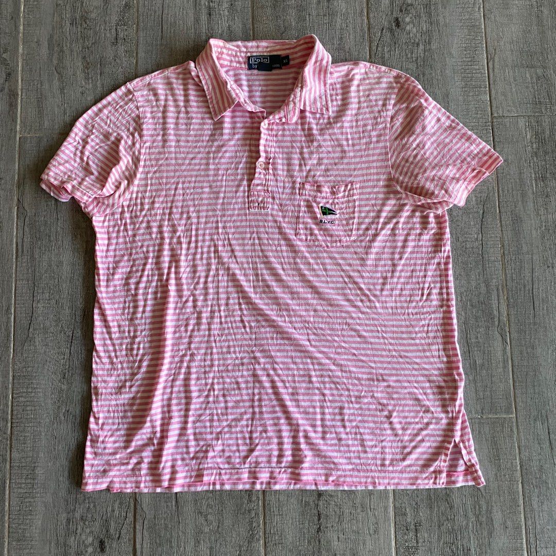 LOUIS VUITTON Vintage Logo Stripe Polo Shirts #34 Top Pink Pocket Cotton  RankAB