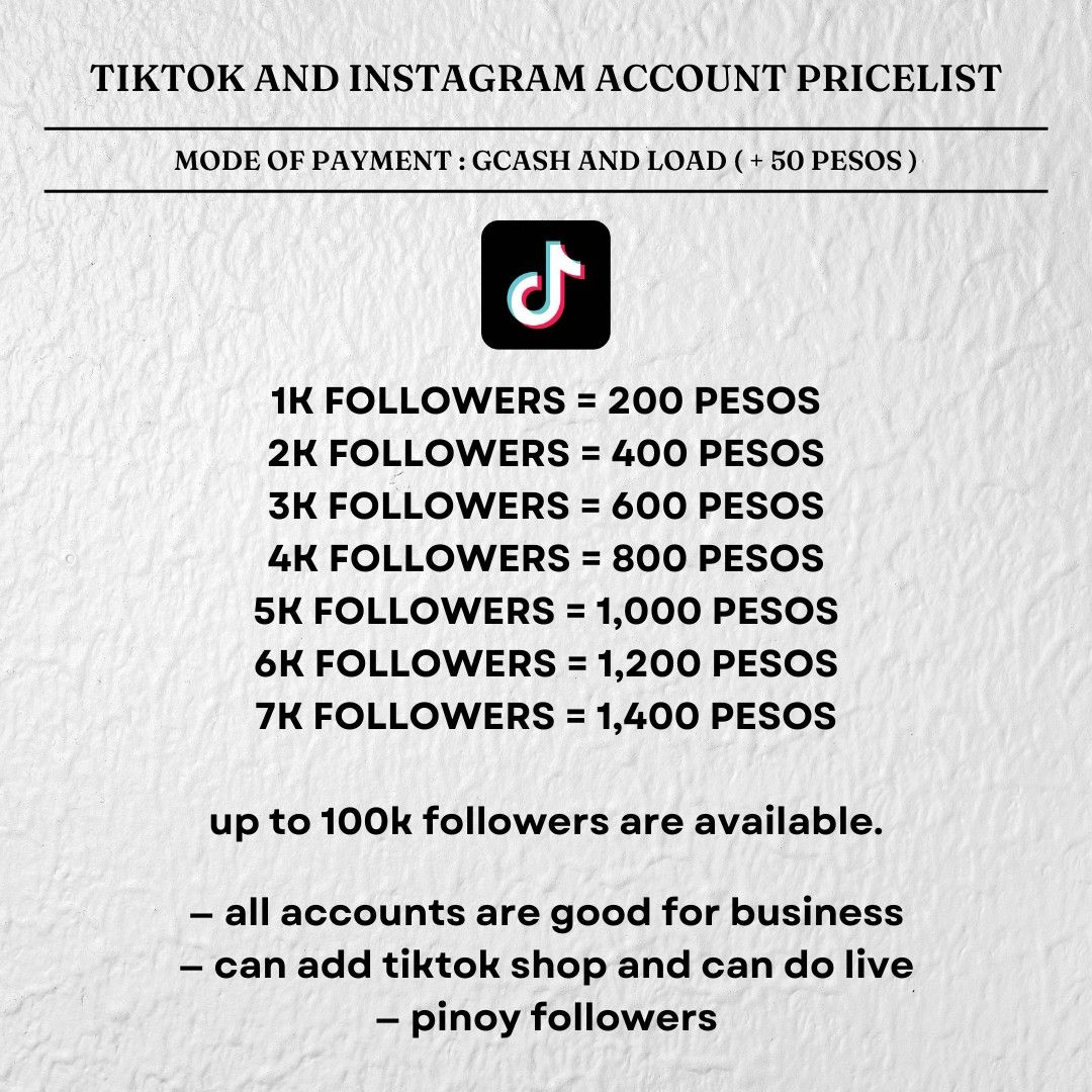 TIKTOK AND INSTAGRAM PRICELIST (Category: Makeup) located in Mabalacat. Submitted by legit_socmedsellerandbooster (Listing ID 1200496024, Image 1). Description: I'M SELLING AFFORDABLE TIKTOK AND INSTAGRAM ACCOUNTS. MESSAGE ME IF INTERESTED! MOP: GCASH AND LOAD ONLY.