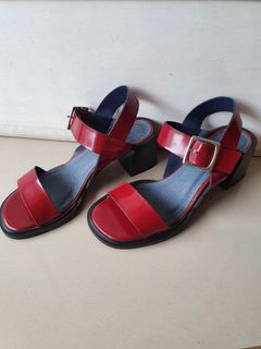 TOPSHOP Red Open Toe Double Strap Leather Mules