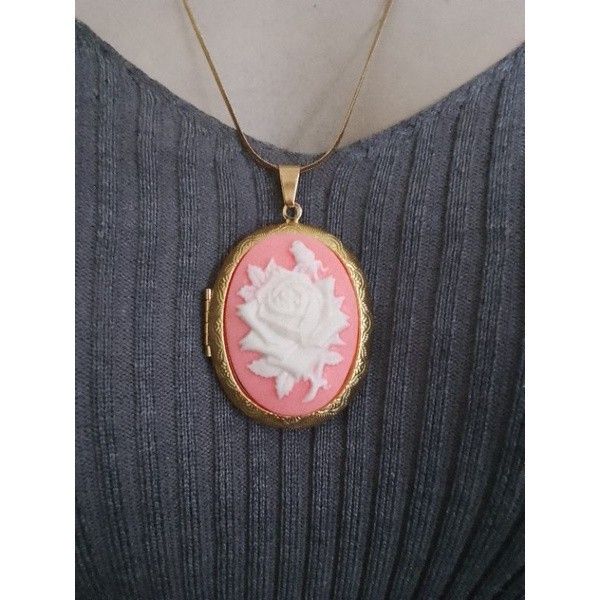 Victorian White Rose Peach Locket Gold Plated 40mm Cameo Necklace