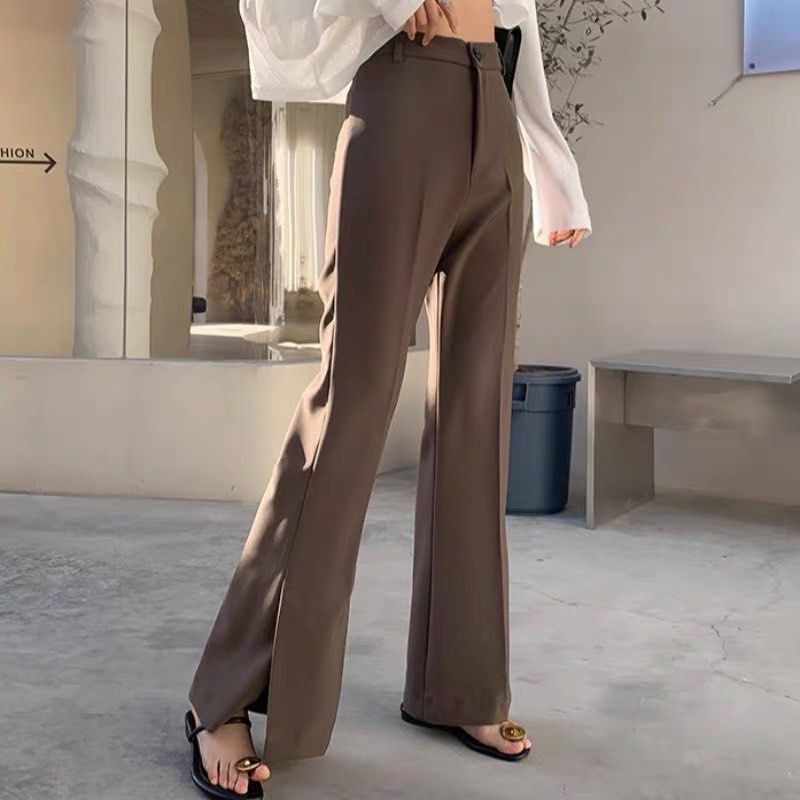 Woman Long Flare Pants office wear khaki brown chocolate high