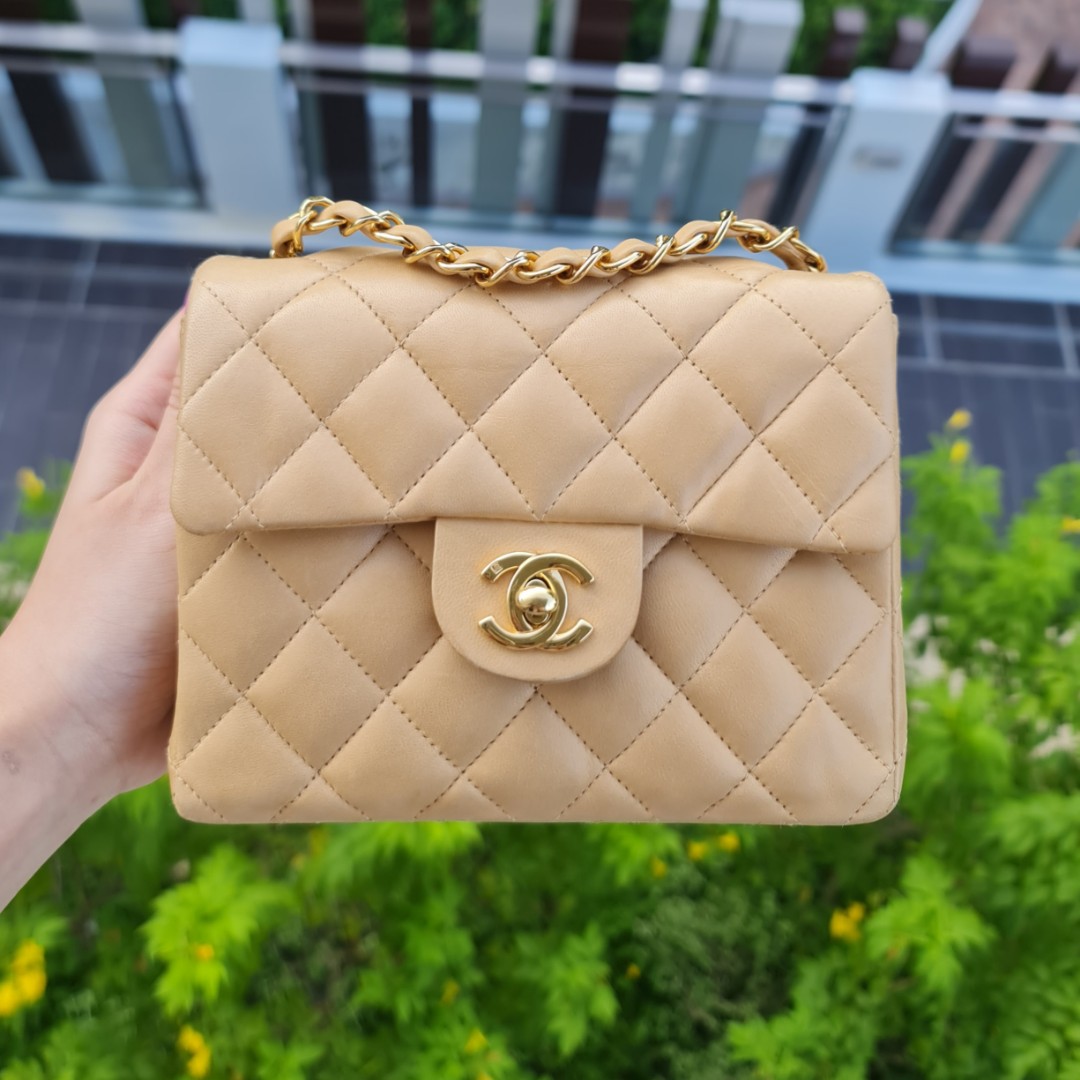 🍞 VINTAGE CHANEL MINI 17CM SQUARE CLASSIC FLAP BAG CF 17 CM BEIGE 24K GHW GOLD  HARDWARE, Luxury, Bags & Wallets on Carousell