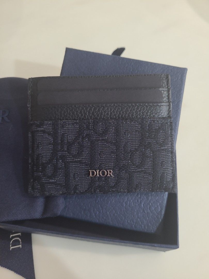 Dior Oblique Jacquard and Grained Calfskin Card Holder Wallet Black, NEW