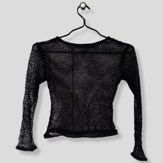 Black Fishnet Long Sleeve Knit Crop Top | 90s Y2K Grunge Cyber Y2K Acubi Mallgoth