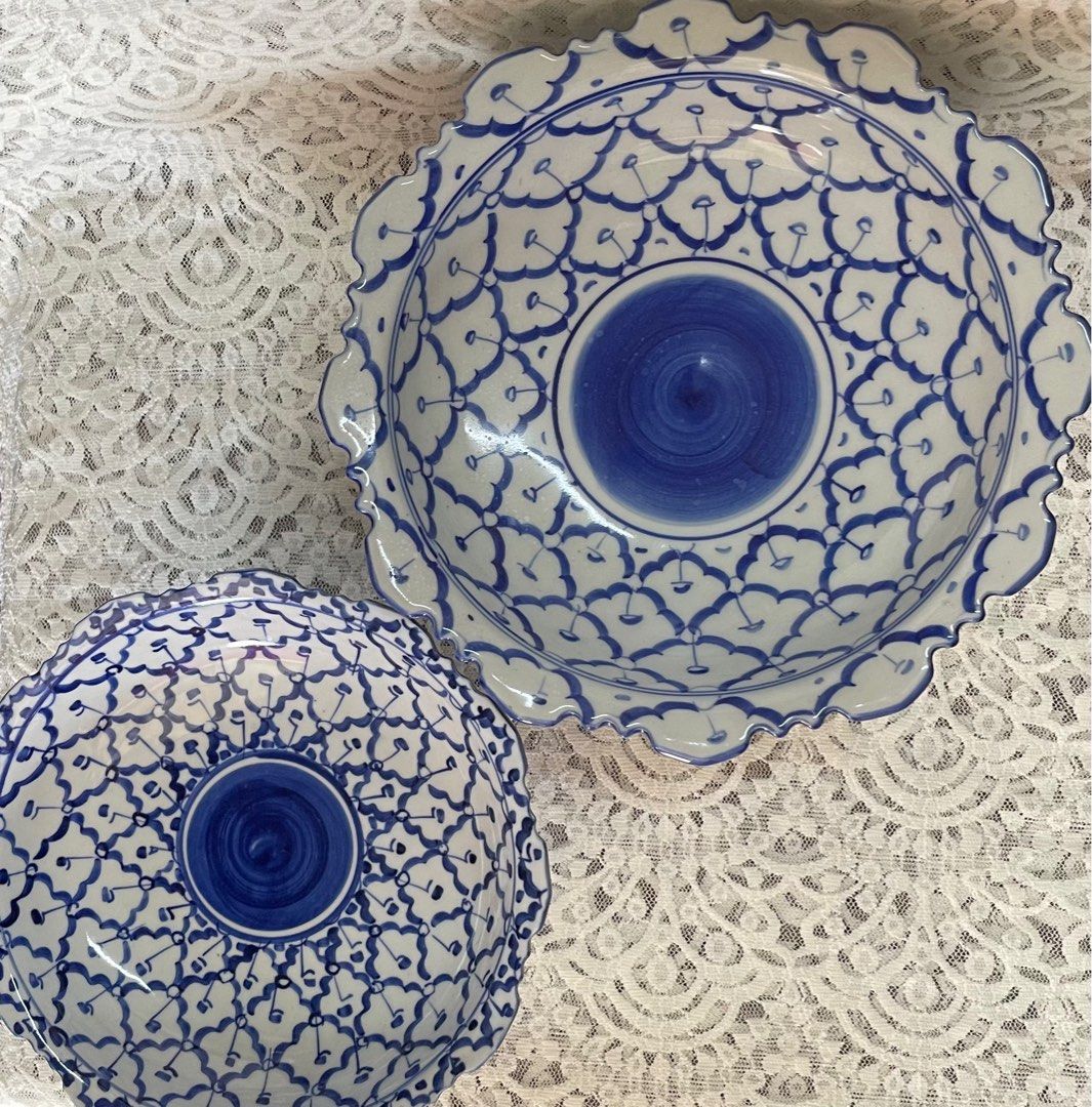 Blue & White Ceramic Footed Bowl Stands (Category: Food Organization & Storage) located in Paranaque City. Submitted by vintagesoulmanila (Listing ID 1204270071, Image 2). Description: Please see photos for measurement references. 9 inches - P2,000 6 inches - P1,500.