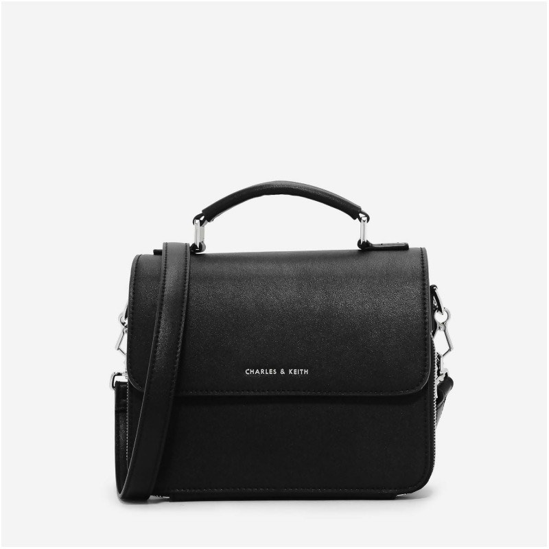 Charles and Keith front flap top handle crossbody bag in black, Women's ...
