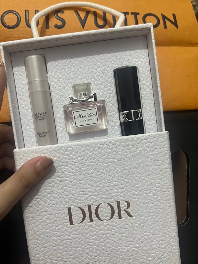 Guaranteed authentic Dior travel set (Category: Makeup) located in Naga. Submitted by akimadison.ph (Listing ID 1204384206, Image 1). Description: Guaranteed authentic Dior travel set Comes with capture totale serum, miniature perfume and mini lipstick in 999 velvet🤍 Steal price! Others are selling this for 6500 up !.