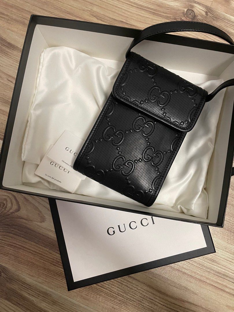 Gucci GG Embossed Messenger Bag Black in Leather with Silver-tone - US