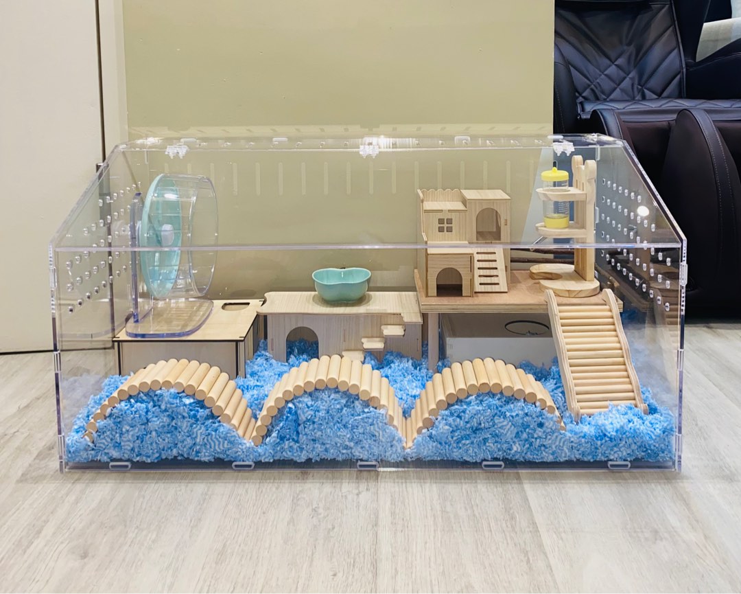 Hamster acrylic cage 80cm 100cm cage wooden accessories setup ideas running wheel ladder bridge platform water dispenser holder bottle hideout house sandbox bathroom food bowl dish Pet Supplies Homes ...