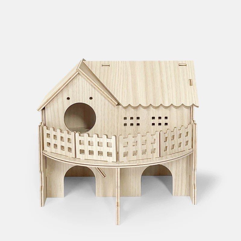 View of Hamster dwarf cage wooden double storey hideout house accessories ...