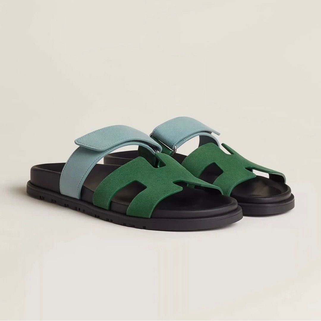 Green and blue store sandals