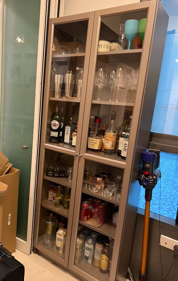 IKEA BILLY Bookcase with glassdoors, grey/metallic effect, 80x30x202