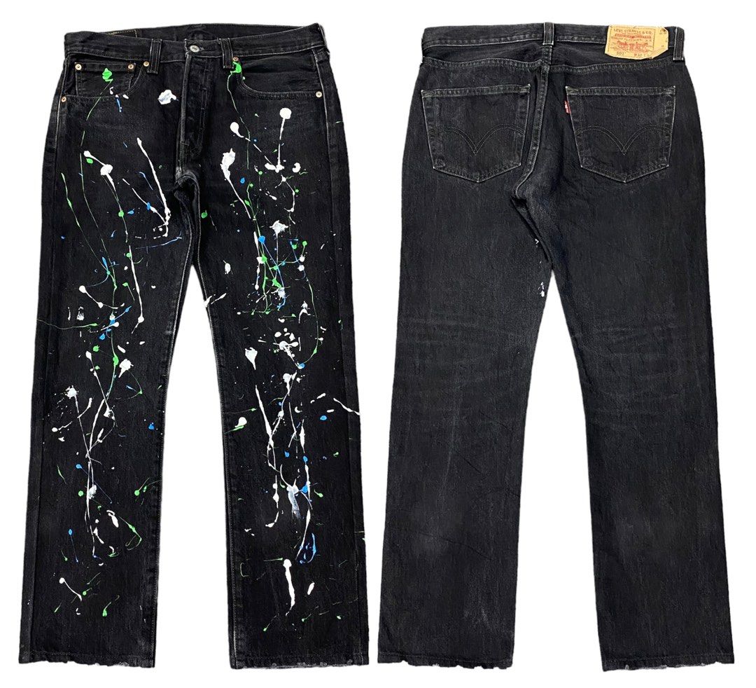 Levis 501 super black custom paint splash inspired junya watanabe W32,  Men's Fashion, Bottoms, Jeans on Carousell
