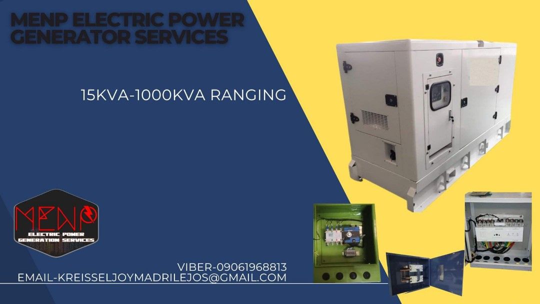 MENP ELECTRIC POWER GENERATION SERVICES (Category: Construction & Building Materials) located in Rizal. Submitted by kreisseljoymadrilejos-32975 (Listing ID 1204196038, Image 1). Description: BRAND NEW DIESEL GENERATOR ✅from15kva-3000kva ✅ENGINE: CUMMINS , ISUZU ,YUCHAI, & BLACKSTONE ...WE ALSO LOOKING FOR FREELANCE AGENT, DEALERS AND CONTRACTOR.. ...we can supply you a quality and affordable electric power supply... We also have: ✅Manual Transfe