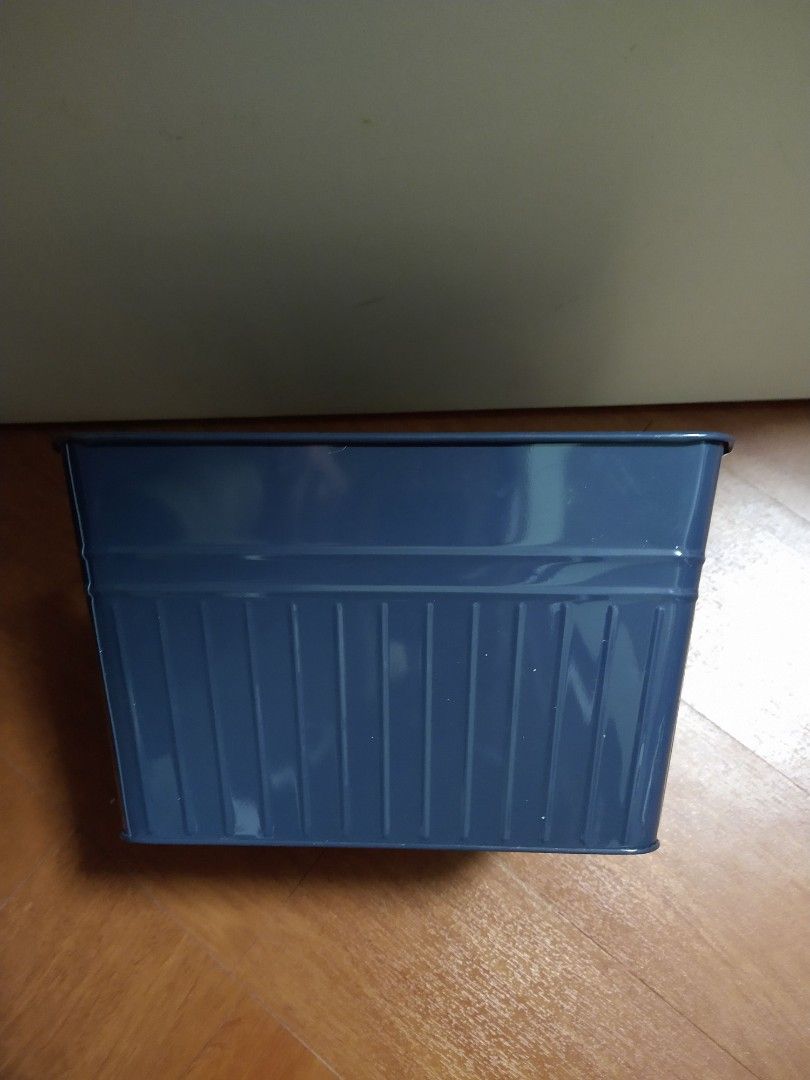 Metal Bin Storage Basket US (Category: Storage Boxes & Baskets) located in Manila. Submitted by PickClickShip (Listing ID 1204287363, Image 2). Description: Metal Bin Storage Basket with Wooden handle - color: midnight Blue - US shipped - with small dent on base - dimension: 11x10x6.5".