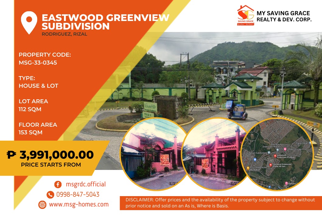 MSG330345 For Sale House & Lot in Eastwood Greenview Subd. Brgy. San