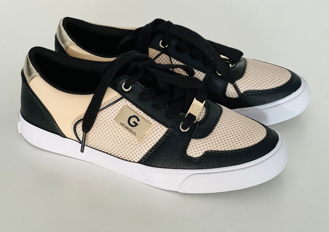 NEW GUESS BECKIE2 BLACK BROWN GOLD LOGO LEATHER SNEAKERS SHOES 7.5W 37.5 38 SALE Women s Fashion Footwear Sneakers on Carousell