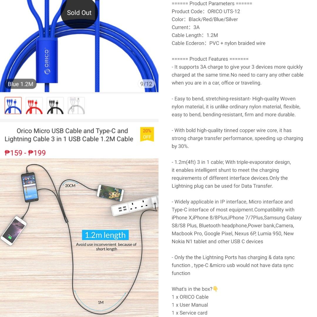 Orico 3in1 Fast Charging Cable (Category: Chargers & Cables) located in Quezon City. Submitted by rosepam (Listing ID 1204225087, Image 2). Description: Orico Fast charge 3 in 1 data cable USB Type-A to Micro- B, Type-C, Lighting Current 3A max Length 1.2m Blue Nylon braided *Cable only (no adapter) *Sealed (not tried/tested) BOUGHT ONLINE ACTUAL pic 4-6 CTTO pic 1-3.