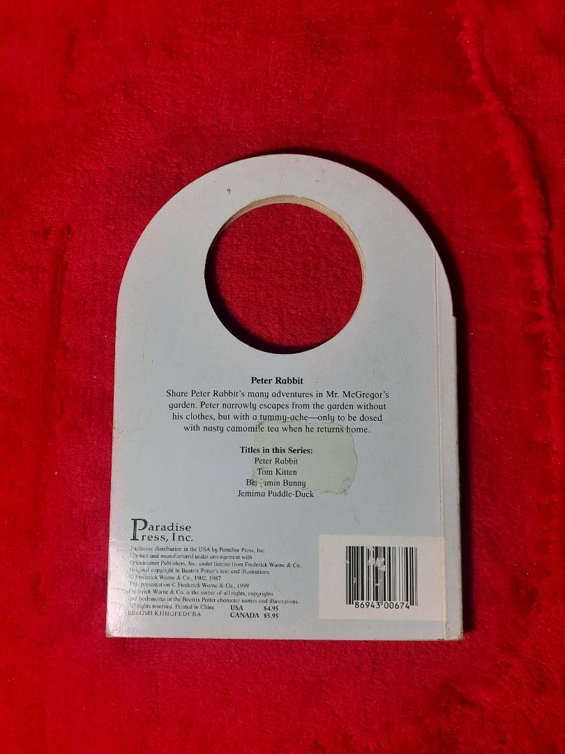 Peter Rabbit by Beatrix Potter (Category: Storybooks) located in Imus. Submitted by dae-oslitter (Listing ID 1204342705, Image 2). Description: The book have obvious tears on the front and back cover. Have left over dried tape residue on the back cover. *Payment is thru GCash or cash upon meet-up only. Thank you..