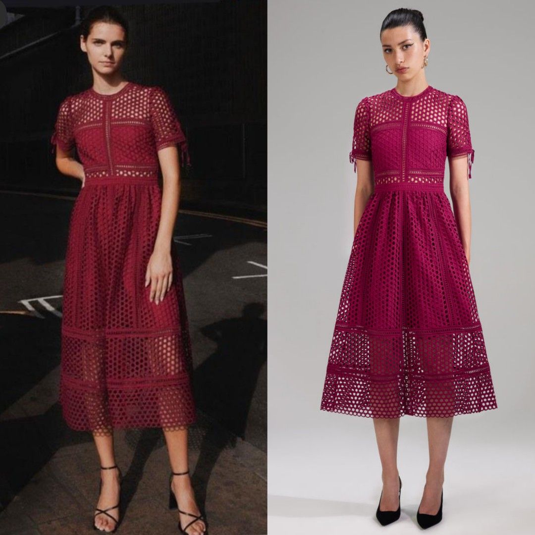 tight fitting burgundy prom dress Burgundy Flower Lace Midi Dress  self-portrait-US