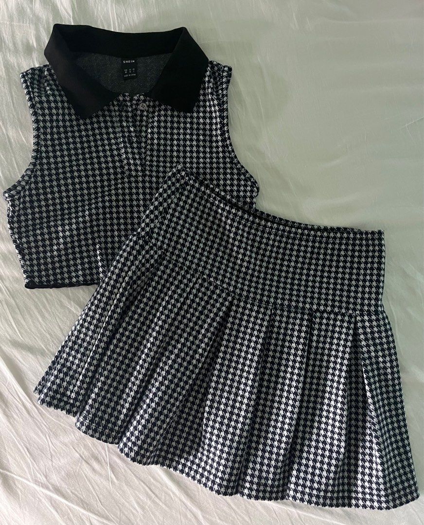 SHEIN Houndstooth crop top and skirt set/coordinates (Category: Sets or Coordinates) located in Paranaque City. Submitted by spider108 (Listing ID 1204184309, Image 1). Description: ✨In very good condition ✨used once or twice ✨Bought on shein for 500+ ✨Best fits size xs-s ✨price is negotiable ✨buyer will make booking for pickup ✨rfs: decluttering .