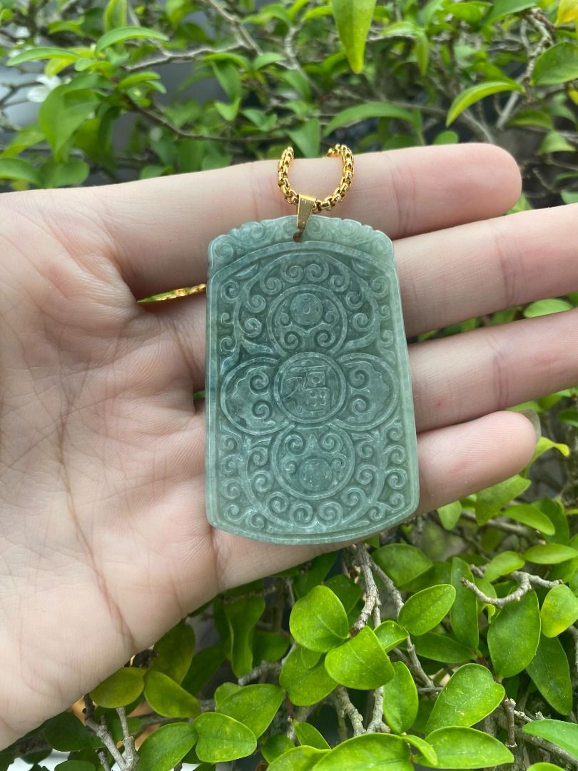 Unisex Light Fruit Green Antique Carving WuShiPai Jade Pendant 