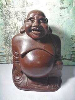 Wooden Laughing Buddha Religious Art Figure Sculpture Statue, Vintage and Collectible
