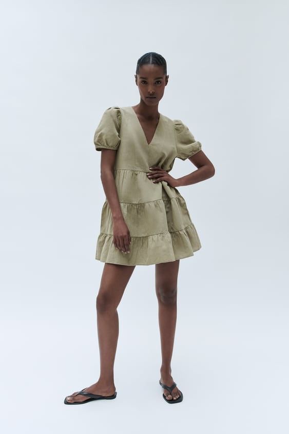ZARA Puff Sleeve Tiered Dress in Khaki Green, Women's Fashion, Dresses
