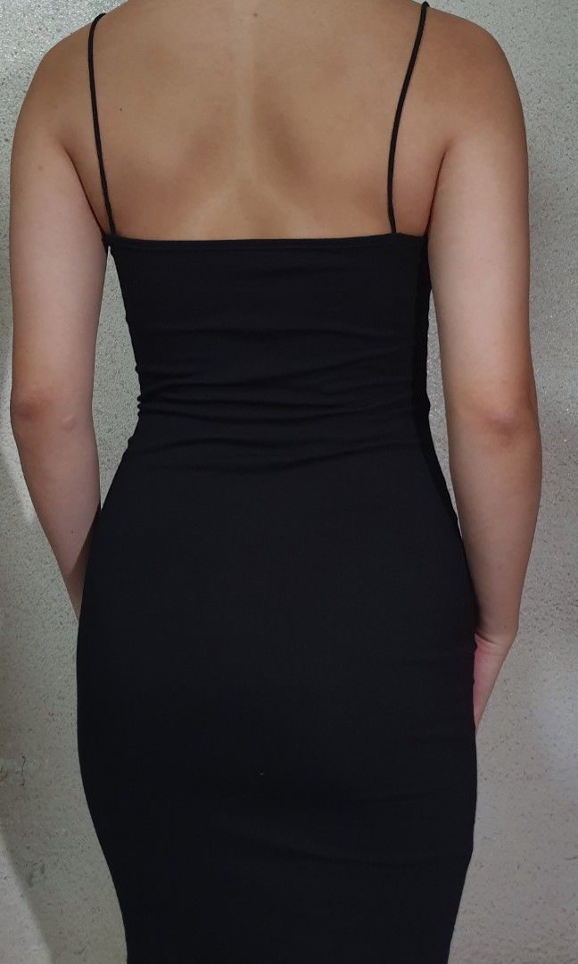 Asymmetric bodycon tight fitting black mini dress, Women's Fashion ...