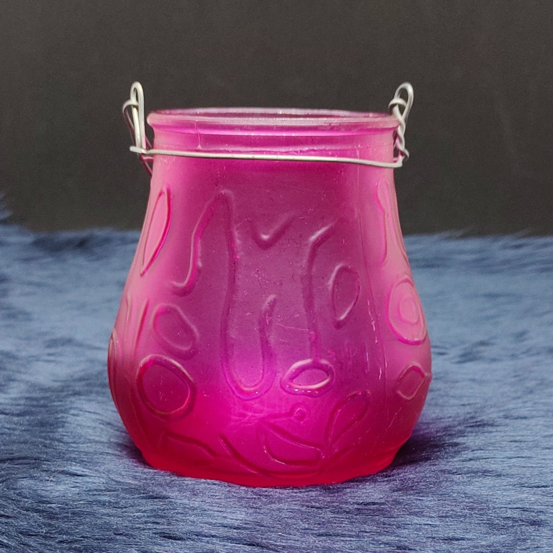 Frosted Glass Jar/Bowl Hanging Candle Holders w/ Wire Handle Fuchsia
