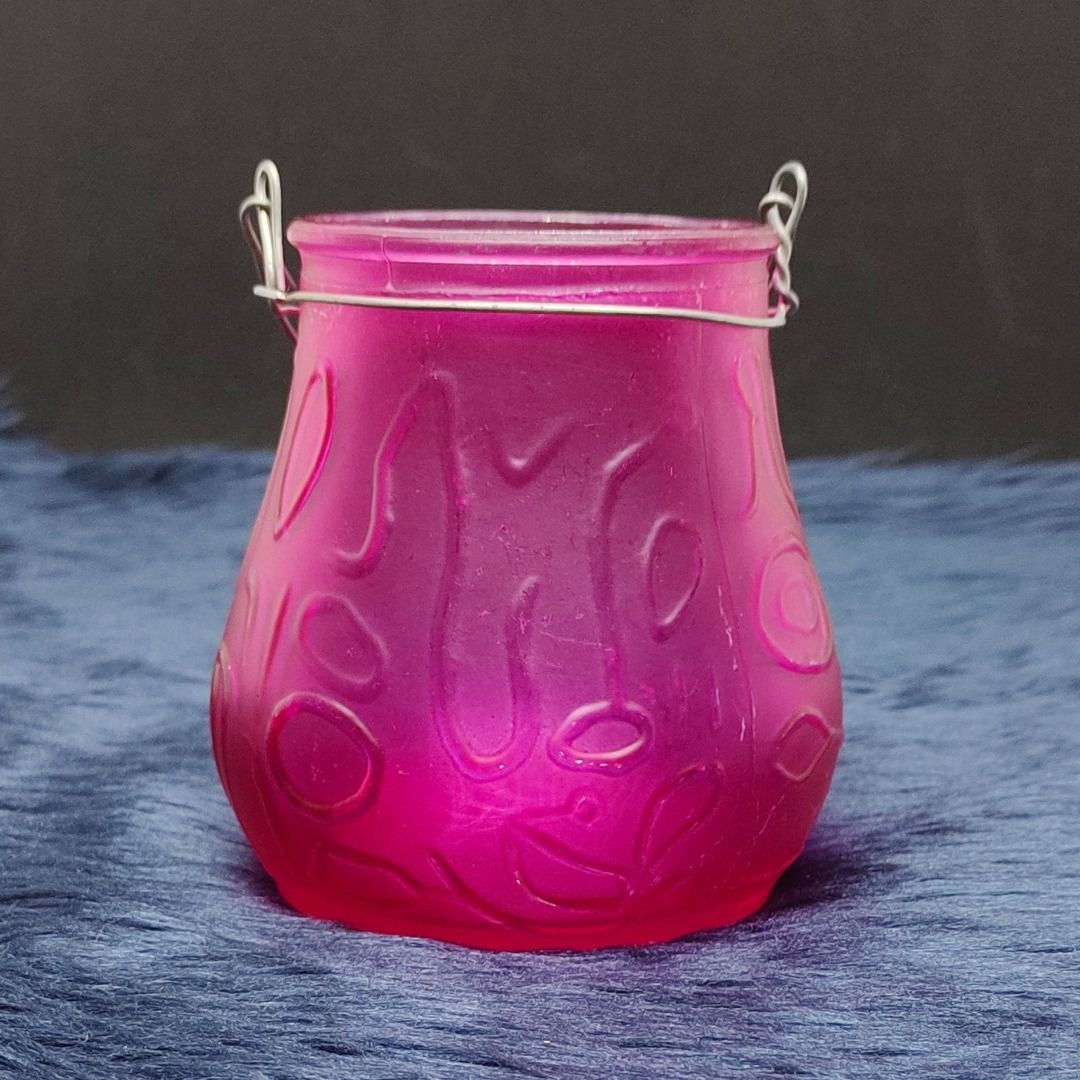 Frosted Glass Jar/Bowl Hanging Candle Holders w/ Wire Handle Fuchsia Pink Color, Furniture