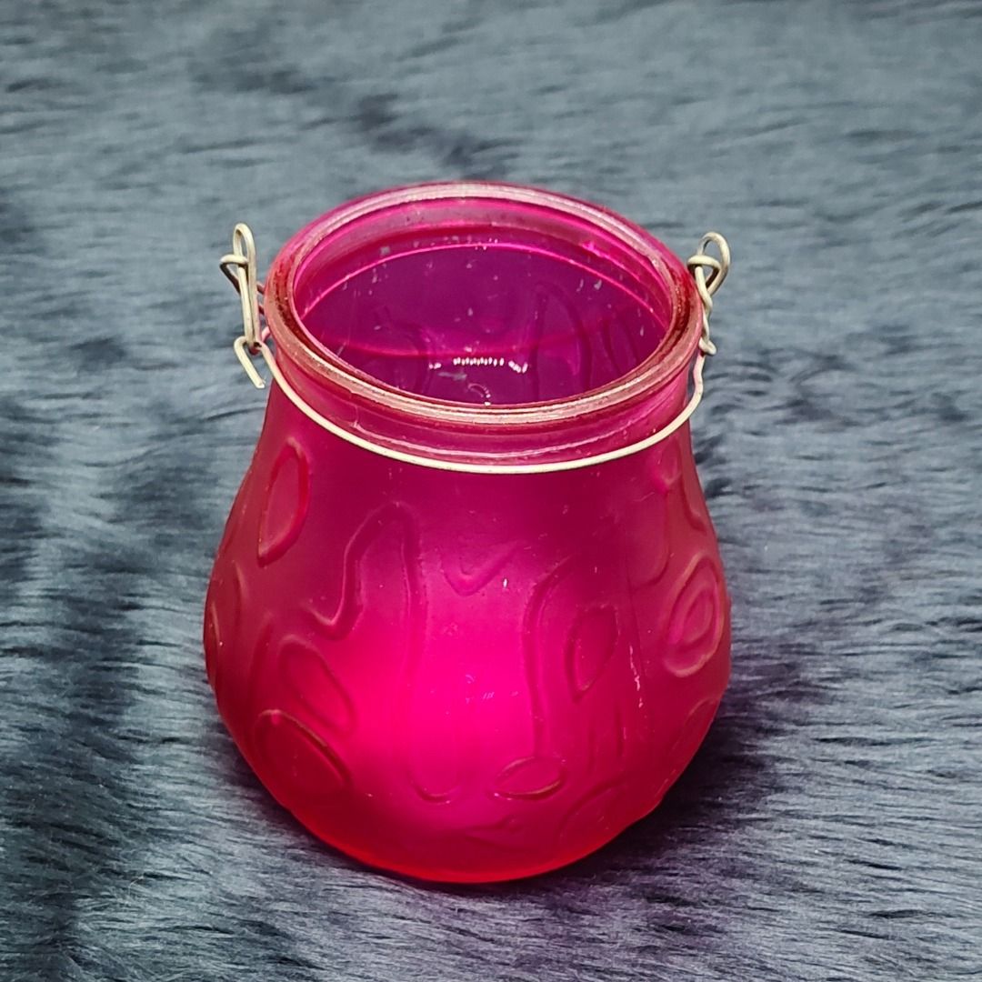 Frosted Glass Jar/Bowl Hanging Candle Holders w/ Wire Handle Fuchsia Pink Color, Furniture