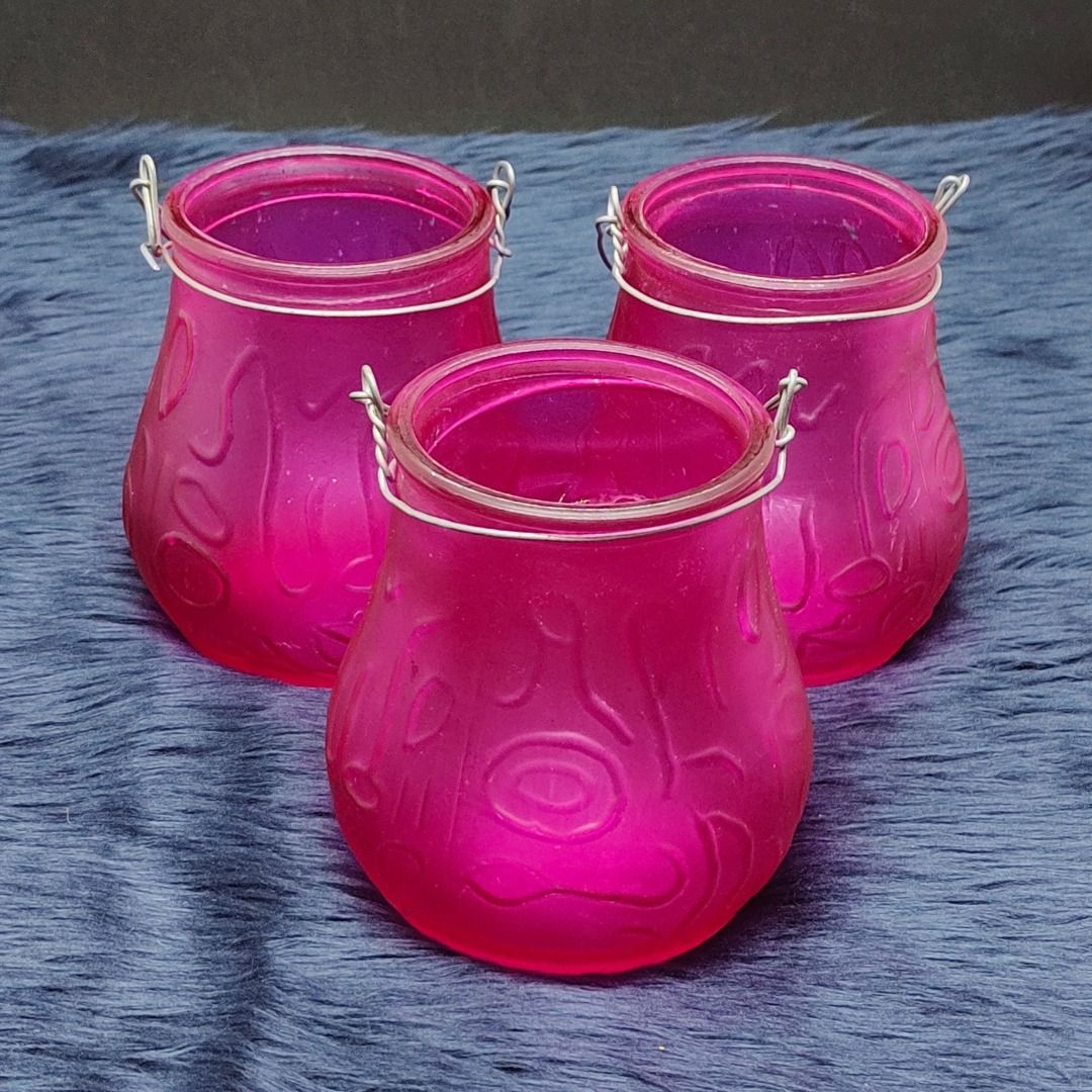 Frosted Glass Jar/Bowl Hanging Candle Holders w/ Wire Handle Fuchsia Pink Color, Furniture