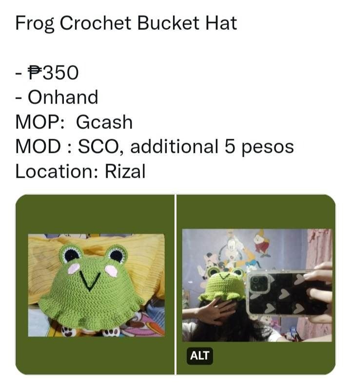 Kero kero Keroppi Frog Hat (Category: Hats & Beanies) located in Manila. Submitted by olyreae_ (Listing ID 1204488224, Image 2). Description: Crocheted Frog Hat.