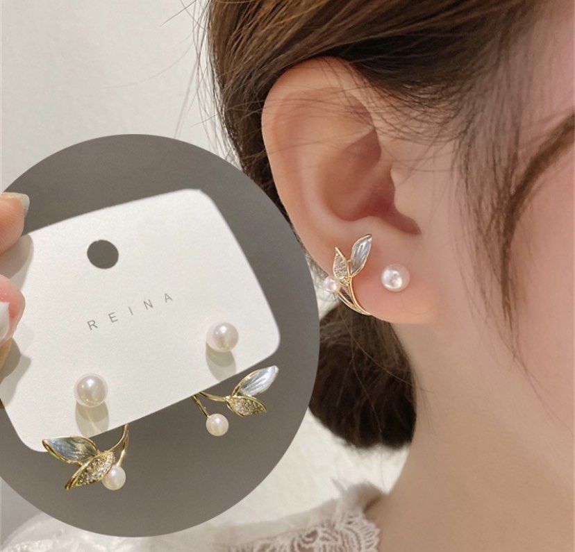 Korean New Style Simple Temperament Small Leaf Pearl Trendy Earrings