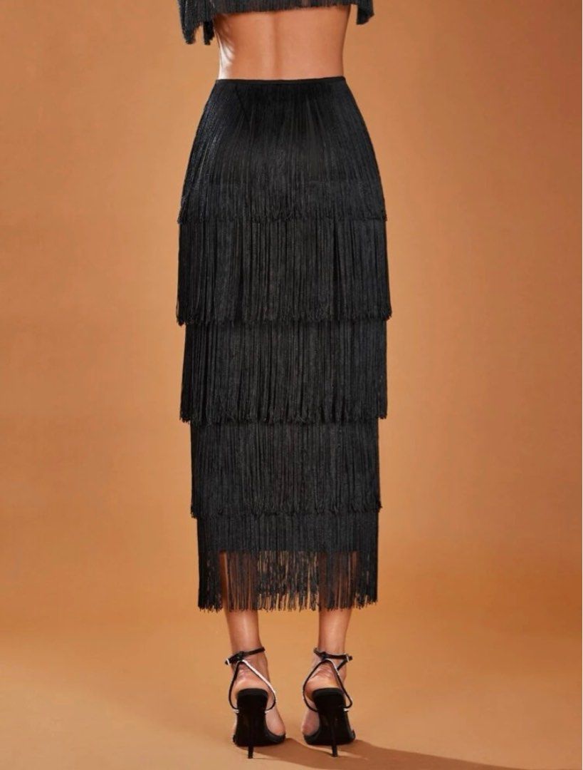 Black layered fringe skirt clearance