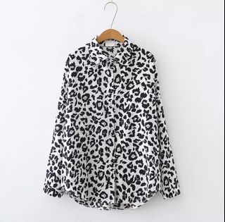 Leopard print long sleeve blouse black white