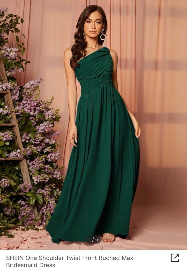 One shoulder twist maxi bridesmaid dress forest green
