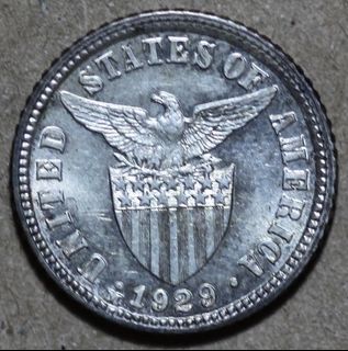 Philippines USPI 10 Centavo 1929 M Manila Minted AU / UNC Silver Coin