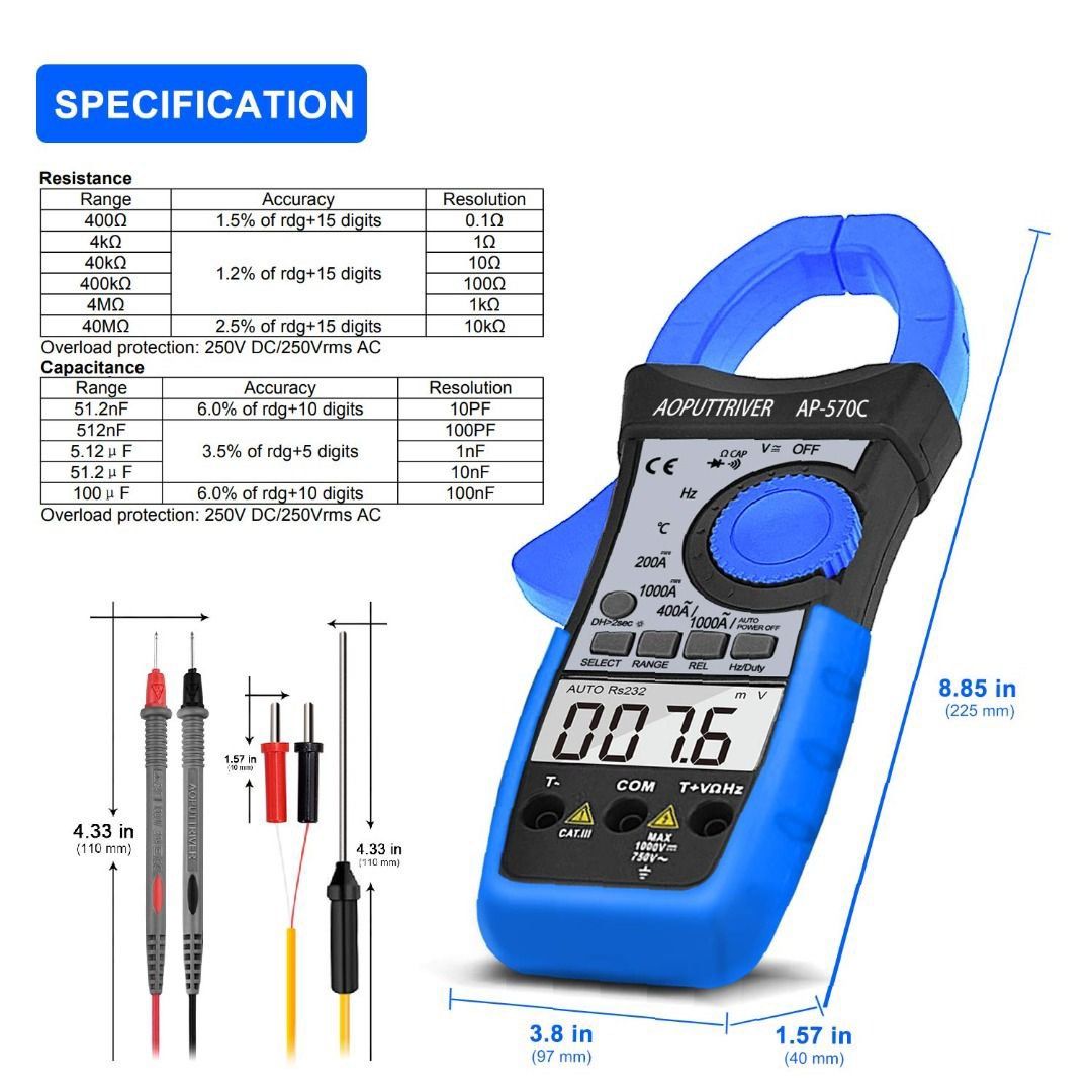 T850 Digital Clamp Meter Multimeter AP-570C 4000 Counts Auto Range ...